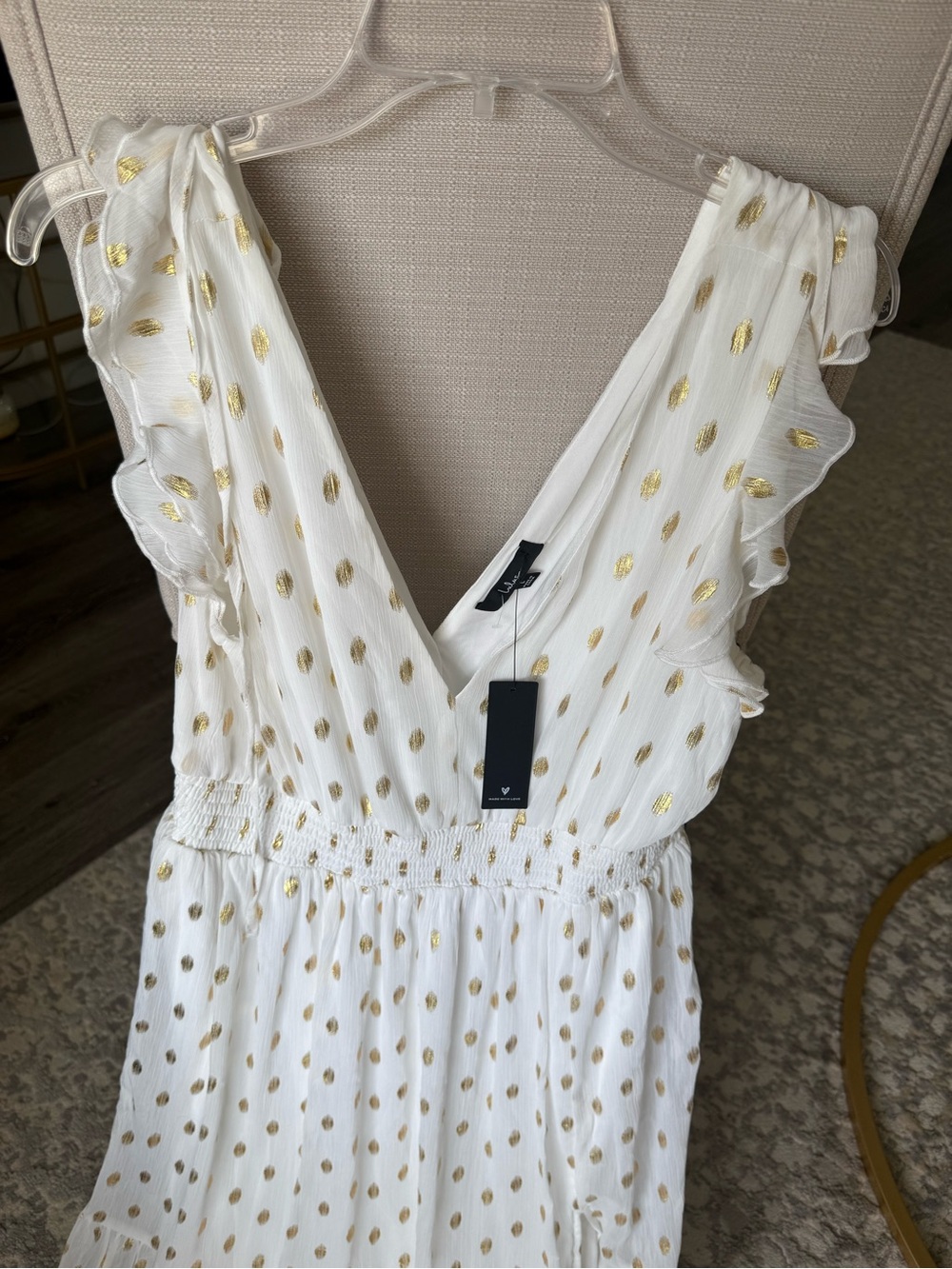 Lulu's Cause to Celebrate White and Gold Dot Ruffled Tiered Midi Dress - Picture 4 of 12